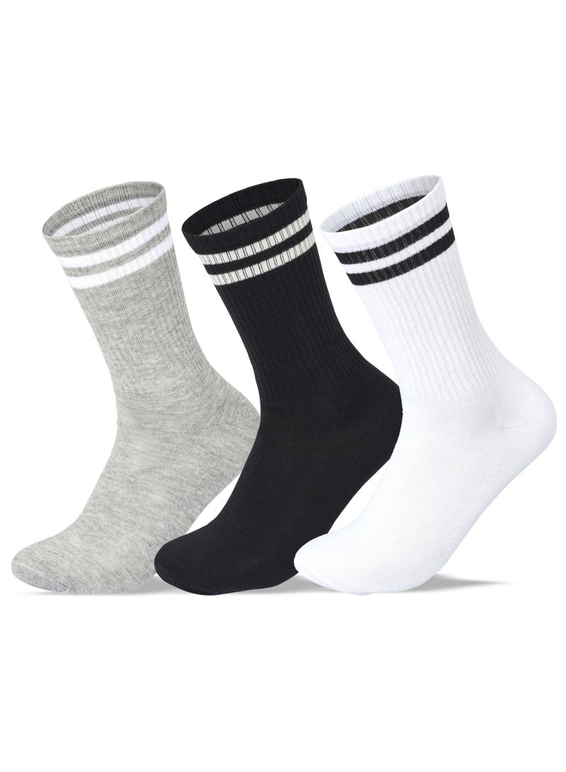 SAM SOCKS Men Set of 3 Long Lycra Stripped Elastic Socks White-Black-Grey - Image 1